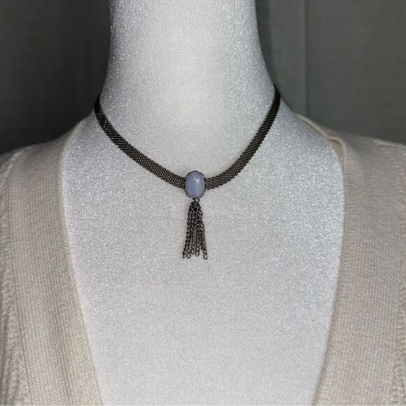 Thick Silver Tone Mesh Strand Choker Necklace Sky Blue Pearl Tassel Strands - Picture 2 of 6